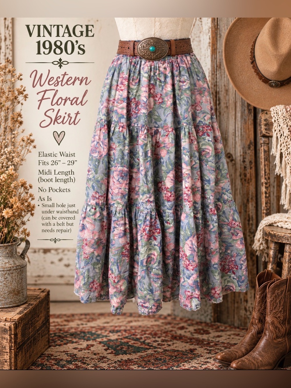 Vintage 80s western floral prairie skirt - elastic waist - cotton blend - S/M